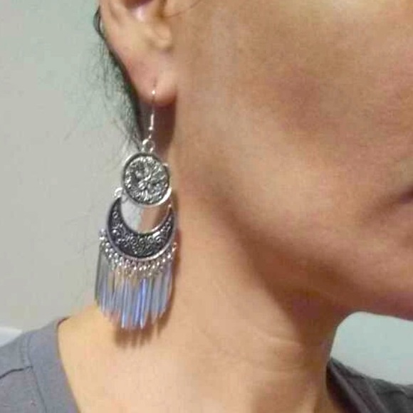 Exotically Shimmering Silver Metal Tasseled Medallion Chandelier Drop Earrings - Picture 15 of 15